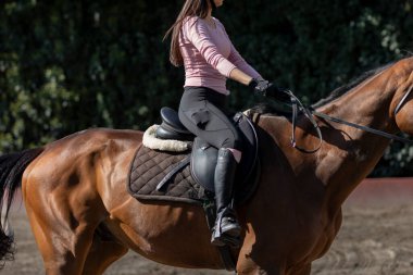 Ata binen bir kadının bacaklarını kapat.