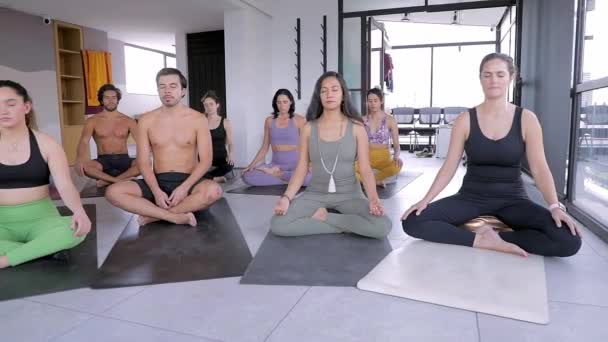 Eine Große Gruppe Meditierender Männer Und Frauen Sitzt Lotus Auf — Stockvideo