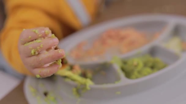 子供のクローズアップBpaシリコーンプレートから食べ物を手に入れる — ストック動画