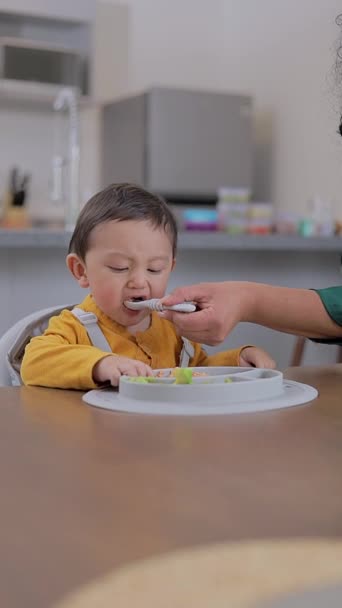 테이블에 앉아있는 숟가락 먹이되는 아기의 클로즈업 아기는 개념을 — 비디오