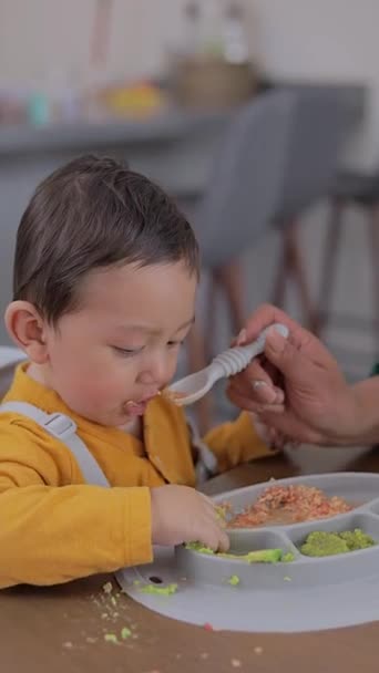 Close Dari Wajah Seorang Bayi Yang Sedang Diberi Makan Dengan — Stok Video
