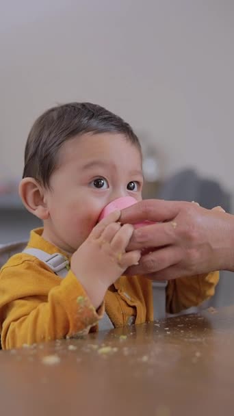 Мама Дает Воду Своему Ребенку Силиконовой Чашкой Дополнительное Питание Blw — стоковое видео