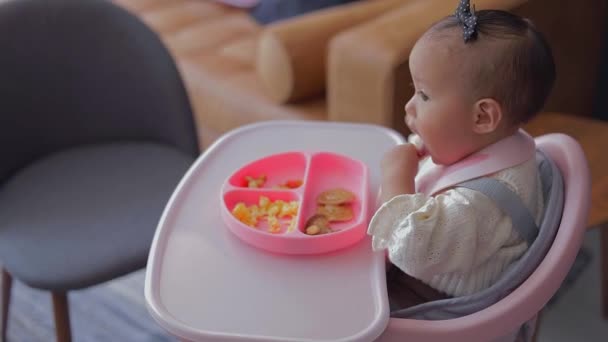 소녀는 아침에 의자에 식사를하는 그녀의 손으로 접시에서 음식을 가지고 — 비디오