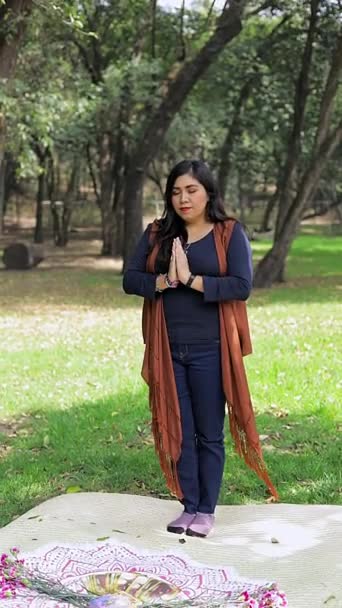 Una Donna Messicana Che Medita Nel Parco Tappeto Meditazione Esterna — Video Stock