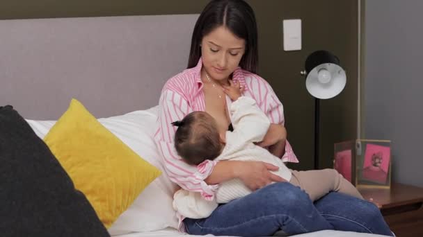 年轻的母亲在房间里给婴儿喂奶 小女孩在房间里吸吮着妈妈的乳汁 里面有文字的空间 — 图库视频影像