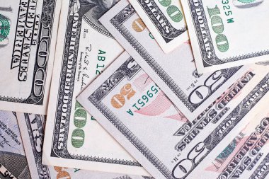 Arka plan olarak dolar banknotları, üst görünüm. Para ve finans