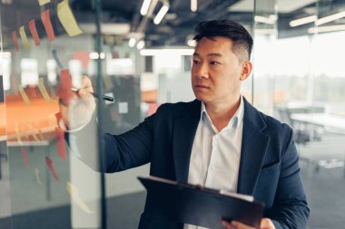 Ofis cam duvarındaki yapışkan notlara odaklanmış Asyalı işadamı yazısı. Yüksek kalite fotoğraf