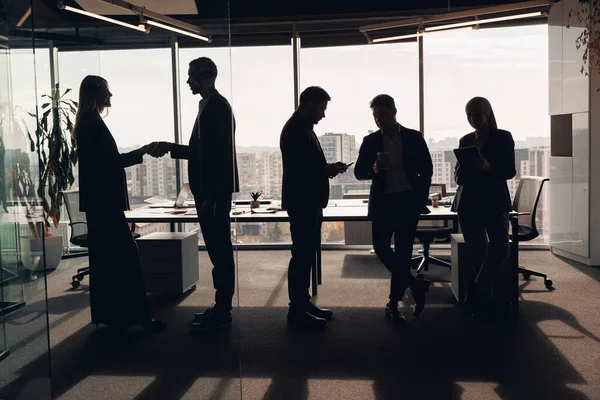 Silhouettenbild Von Geschäftsleuten Die Bei Einem Bürotreffen Zusammenarbeiten Hochwertiges Foto — Stockfoto