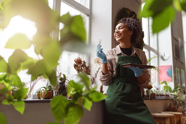 Wanita Penjual Bunga Mengurus Bibit Studio Bunga Latar Belakang Kabur — Stok Foto