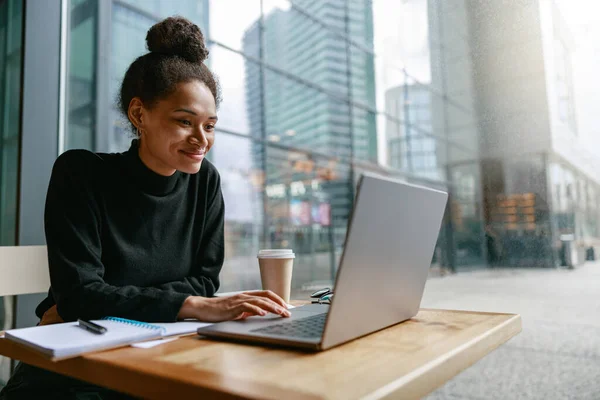 Female Freelancer Working Laptop While Sitting Cafe Window High Quality Stock Image
