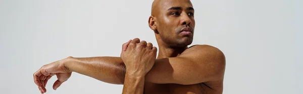 Man Naked Torso Stretching His Hands Workout White Studio Background — 스톡 사진
