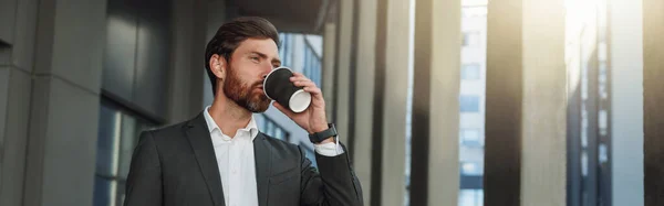 Attractive Businessman Suit Drinking Coffee Office Building Break Blurred Background — Foto de Stock
