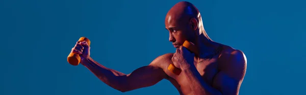 Muscular Man Doing Exercise Weight Dumbbells Studio Background Color Filter — Foto de Stock