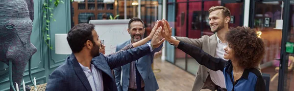 Business People Putting Hands Together While Standing Modern Coworking High — Stockfoto