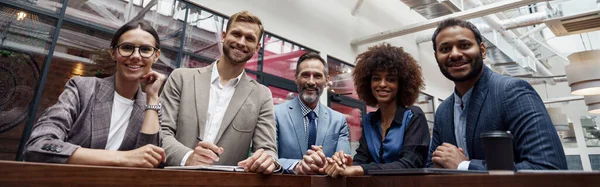 Group Motivated Business People Standing Together Office Leader Teamwork Concept — Stok fotoğraf