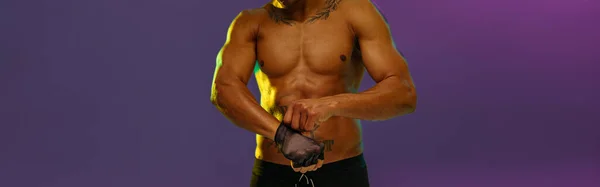 Muscular Man Puts Fighting Gloves Posing Studio Background Color Filter — Stock fotografie