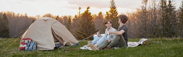 Cheerful Man Woman Having Nice Talk Rest Tent Nature Summertime — Foto de Stock