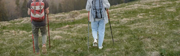 Rear Man Woman Travelers Walking Sticks Trekking Mountains Route Summertime — Foto de Stock