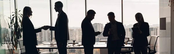 Silhouettenbild Von Geschäftsleuten Die Bei Einem Bürotreffen Zusammenarbeiten Hochwertiges Foto — Stockfoto