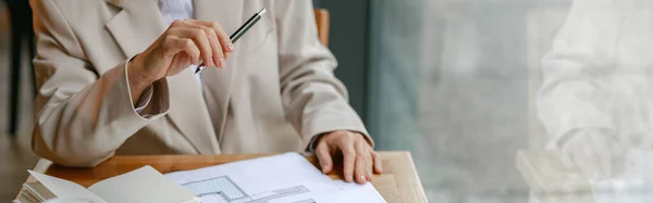 stock image Businesswoman architect working on project while sitting in cafe . High quality photo