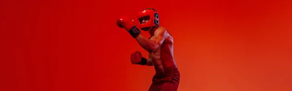 Man Wearing Head Guard Boxing Gloves Practicing Fight Studio Background — 스톡 사진