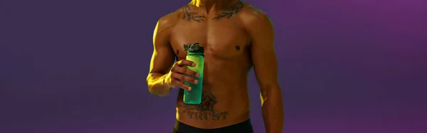 Sporty Man Muscled Naked Torso Holding Bottle Water Studio Background — Stock fotografie