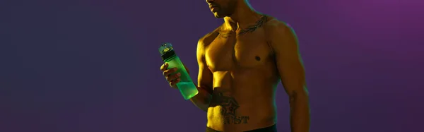 Sporty Man Muscled Naked Torso Holding Bottle Water Studio Background — Fotografia de Stock
