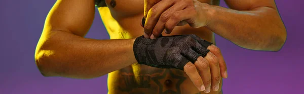 Muscular Man Puts Fighting Gloves Posing Studio Background Color Filter — Stock Fotó