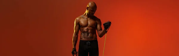 Man Performs Exercises Expander Studio Background Color Filter Strength Motivation — 스톡 사진