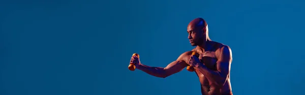 Muscular Man Doing Exercise Weight Dumbbells Studio Background Color Filter — Stock Fotó