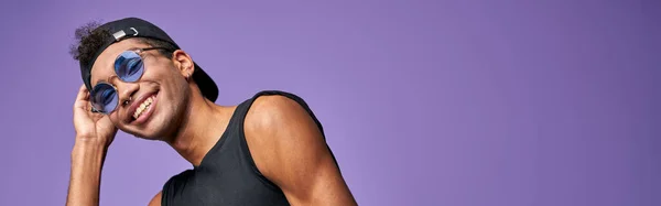 Smiling Transgender Male Black Shirt Hand Cap Portrait Young Sportsman — Stock Photo, Image