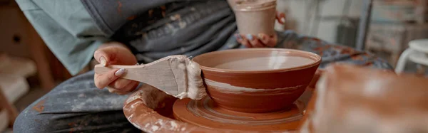 Cropped View Female Artist Apron Applying Brush Dye Clay Bowl — Stock Photo, Image