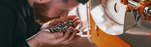Close Focused Barista Inhaling Aroma Coffee Beans Own Manufacturing — Stock Fotó