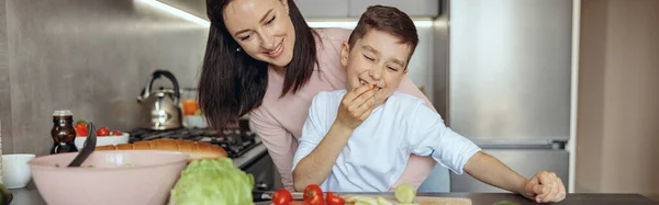 Portrait Happy Beautiful Mother Hugging Small Cute Son While Cooking — Stock Photo, Image