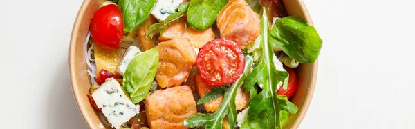 Top View Salmon Salad Green Leaves Cheese Tomato White Background — Fotografia de Stock