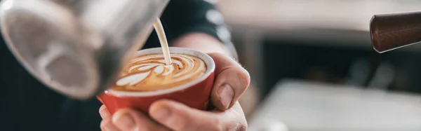 Barista Pouring Milk Glass Fresh Made Coffee Making Latte Cappuccino — Stock Fotó
