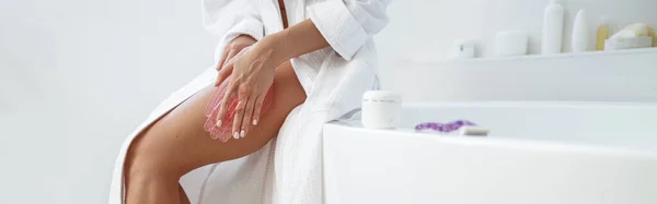 Taking Care Body Skin Condition Massager Woman Massaging Leg Hip — Stockfoto