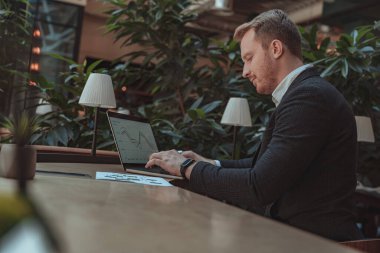 Belgelerle çalışan ve ofiste otururken dizüstü bilgisayar kullanan bir iş adamı. Yüksek kalite fotoğraf