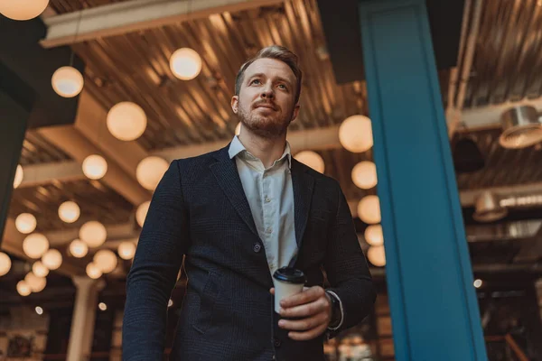 Portrait Handsome Businessman Suit Holding Coffee Cup Looking Side High — Stock Photo, Image