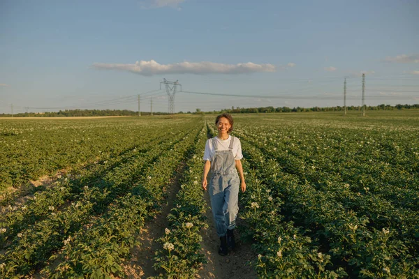 在马铃薯田园的背景上给女农民微笑 农业概念 免版税图库照片
