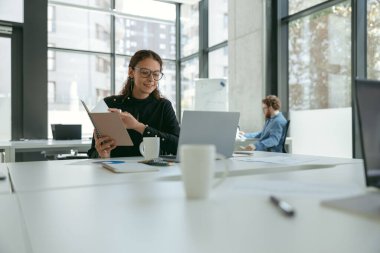 Gülümseyen bayan girişimci dizüstü bilgisayarla çalışırken elinde not defteri tutuyordu.