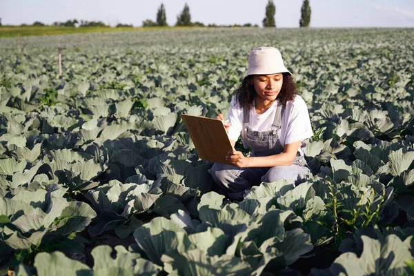 Woman agronomist making notes in clipboard while standing on vegetables farm background
