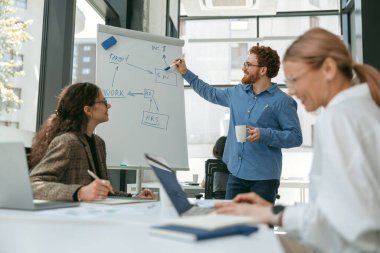 Toplantıda farklı iş adamlarına olgun iş koçu veya konuşmacı takvim sunumu yap