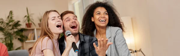 Enjoy Karaoke Best Friends Looking Happy Singing Microphone While Playing Stock Photo