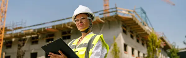 Professional female engineer in protective helmet against on construction background