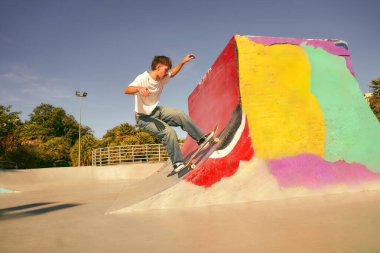 Genç kaykaycı kaykay parkının rampasında sörf tahtasıyla uçar.