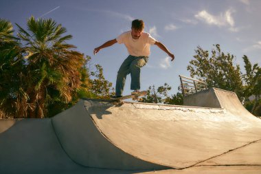 Genç kaykaycı kaykay parkının rampasında sörf tahtasıyla uçar.