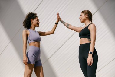 Mutlu bayan arkadaşlar dışarıda egzersiz yaptıktan sonra el sıkışıyorlar.