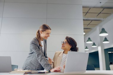 İki iş kadını ofiste iş yapmak ve dizüstü bilgisayar kullanmak için birlikte çalışıyorlar.