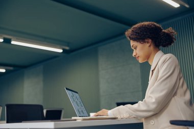 Modern birlikte çalışırken dizüstü bilgisayarda çalışan şık bir kadın serbest yazar.